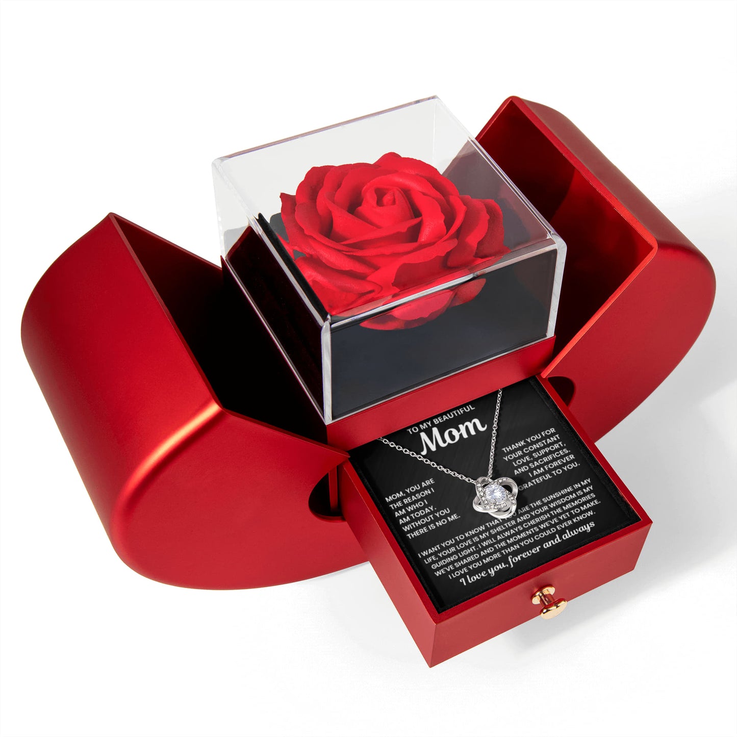 Mom - Without You There Is No Me - Love Knot Necklace with Red Heart Rose Box