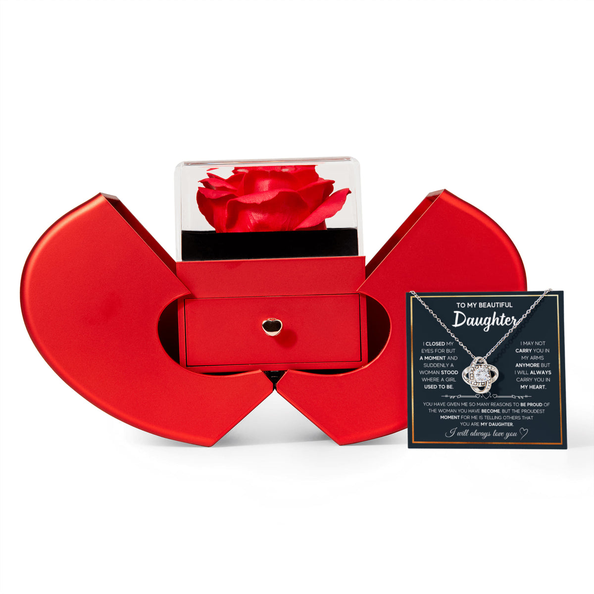 To My Daughter - A Moment - Love Knot Necklace with Red Heart Rose Box