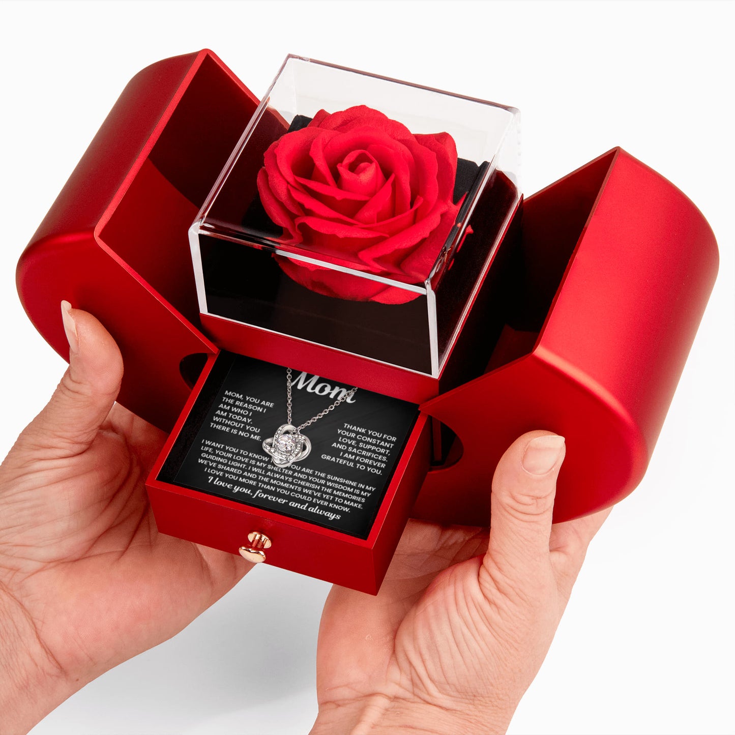 Mom - Without You There Is No Me - Love Knot Necklace with Red Heart Rose Box