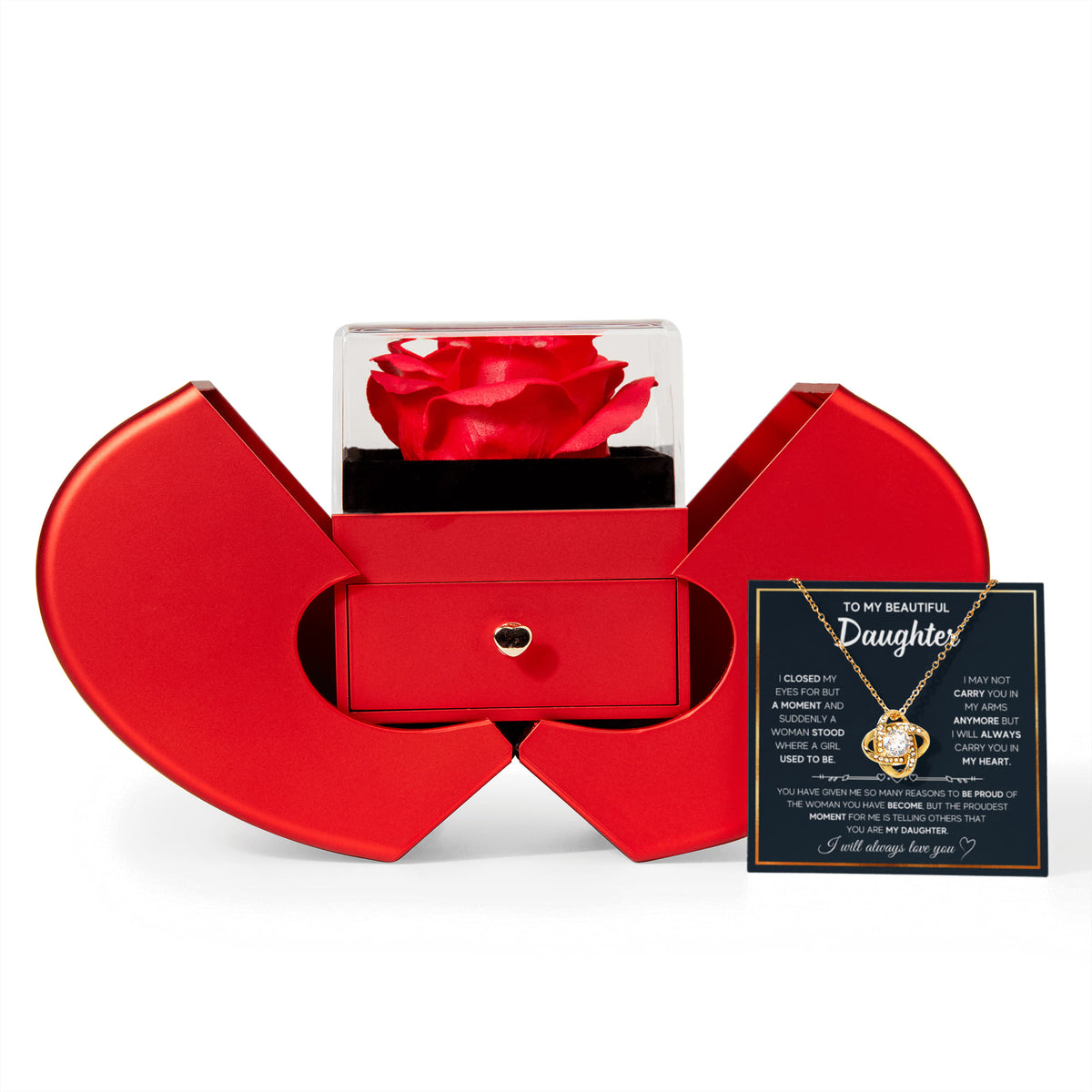 To My Daughter - A Moment - Love Knot Necklace with Red Heart Rose Box