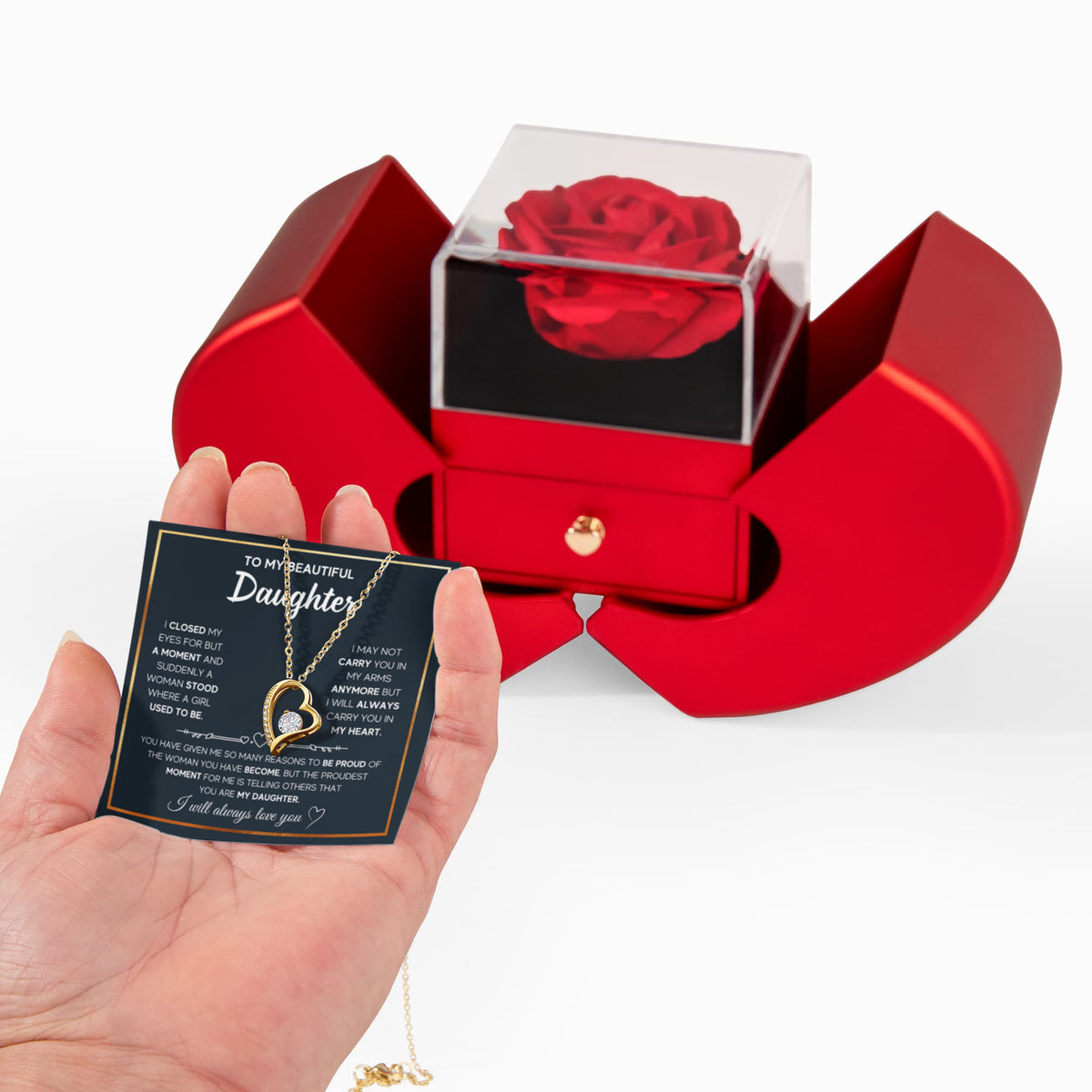 To My Daughter - A Moment - Forever Love Necklace - Red Heart Rose Box