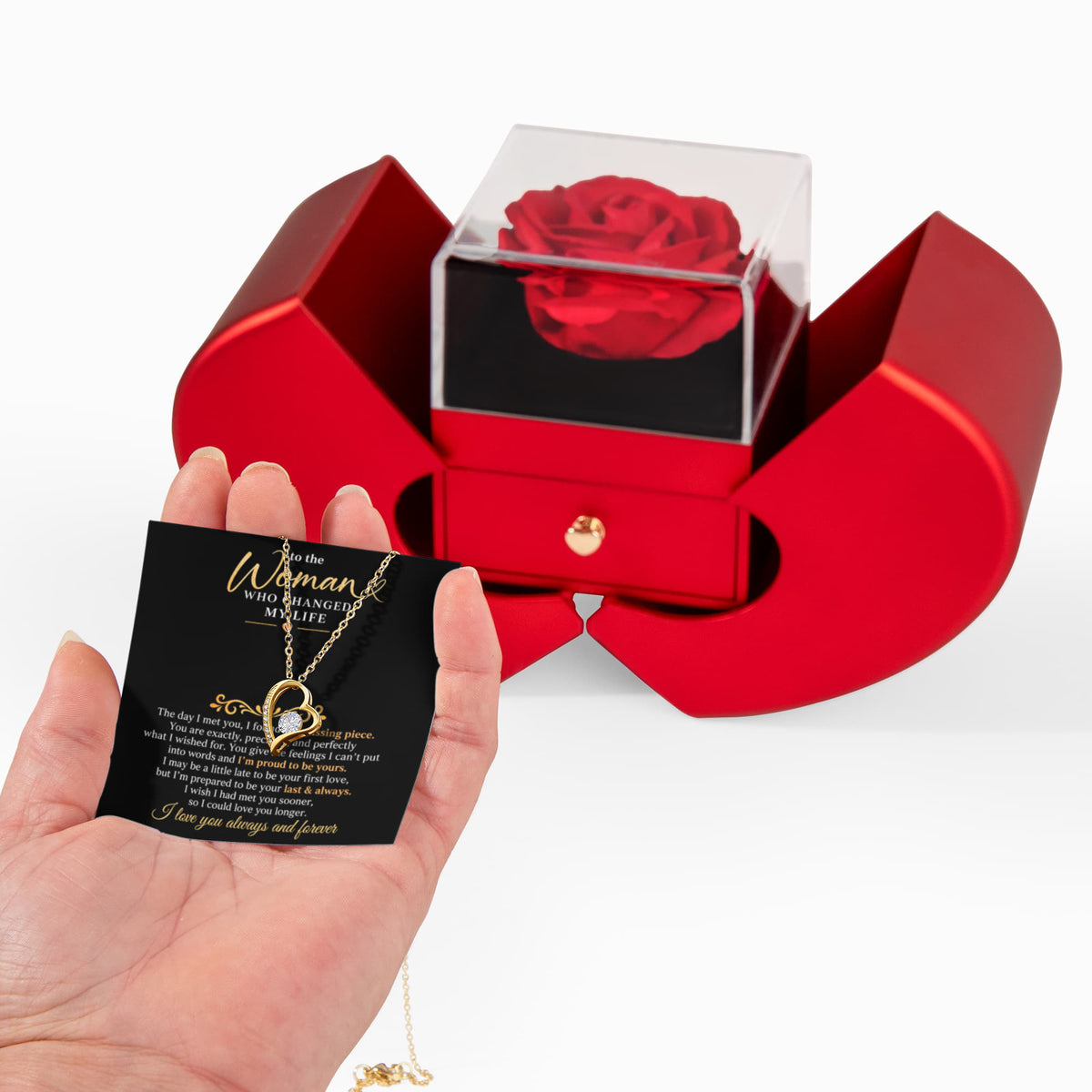 To The Woman Who Changed My Life - Forever Love Necklace - Red Heart Rose Box