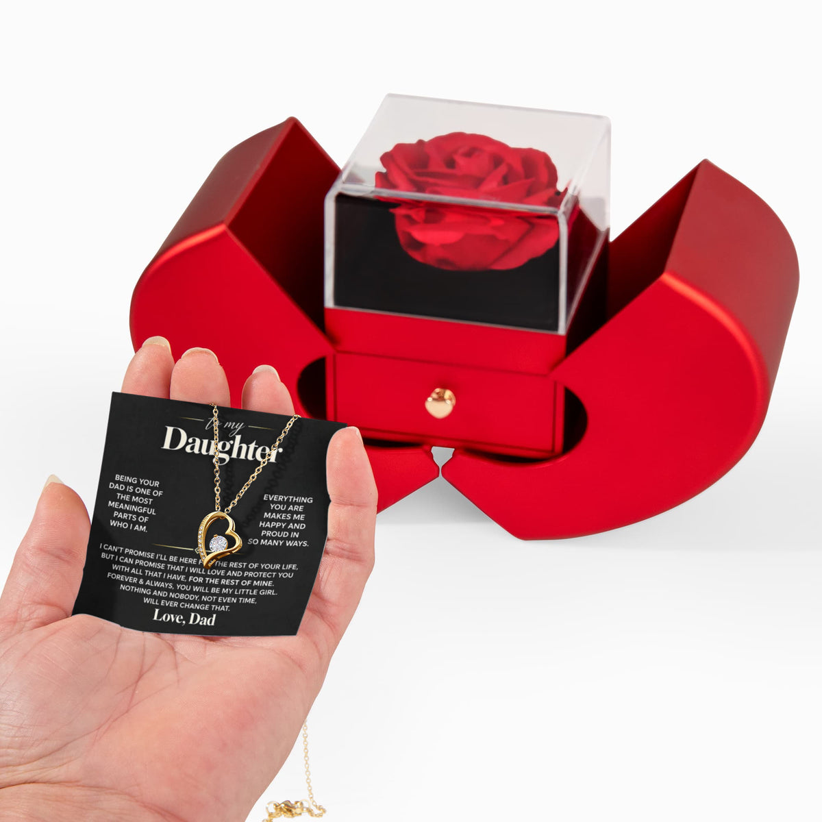 To My Daughter - Being Your Dad - Forever Love Necklace - Red Heart Rose Box