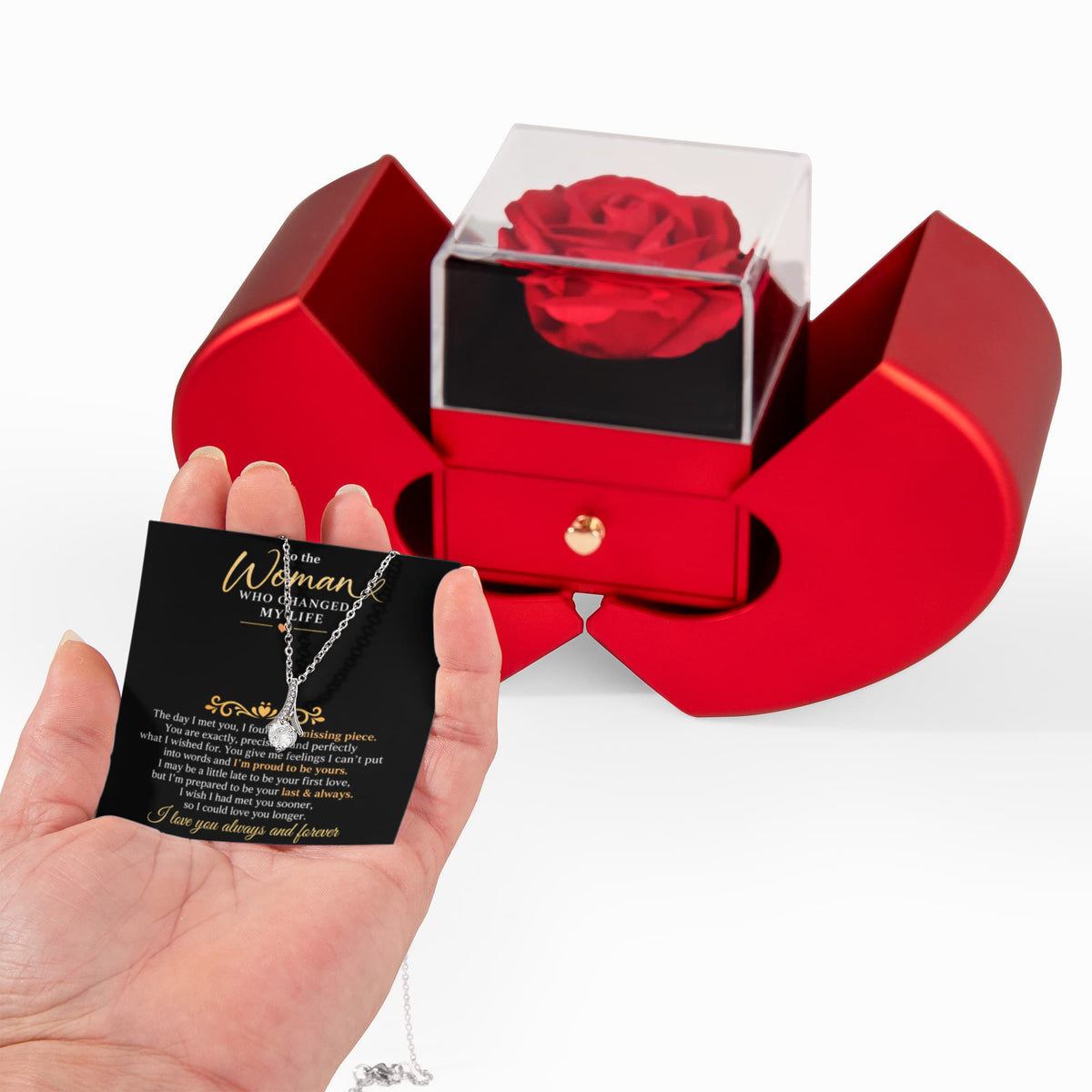 To The Woman Who Changed My Life - Alluring Beauty Necklace - Red Heart Rose Box