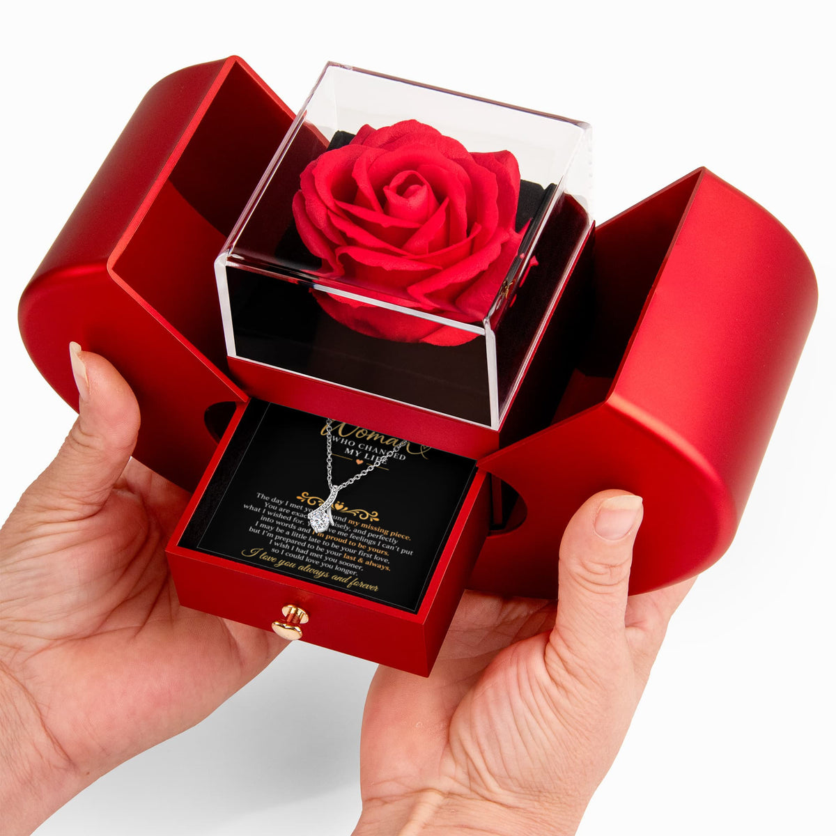 To The Woman Who Changed My Life - Alluring Beauty Necklace - Red Heart Rose Box
